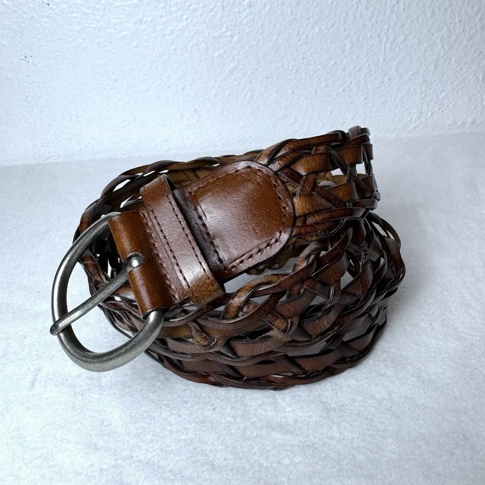 Vintage Faded Glory Woven Leather Belt 2X Silver Tine Buckle Brown Bohemian Y2K